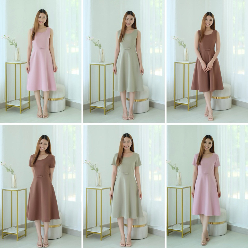 🌷🤎เดรสคอกลมทรงเอบาน**สีพื้นผ้าเปเป้* ไซส์เลื่อนรูป2