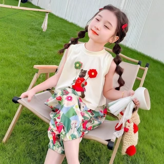 ชุดเซ็ท เสี้อเเขนกุด+กางเกงลายดอกไม้สีเเดง น่ารักสดใส เหมาะกับเด็กผู้หญิง เนื้อผ้าเบา ระบายอากาศดี