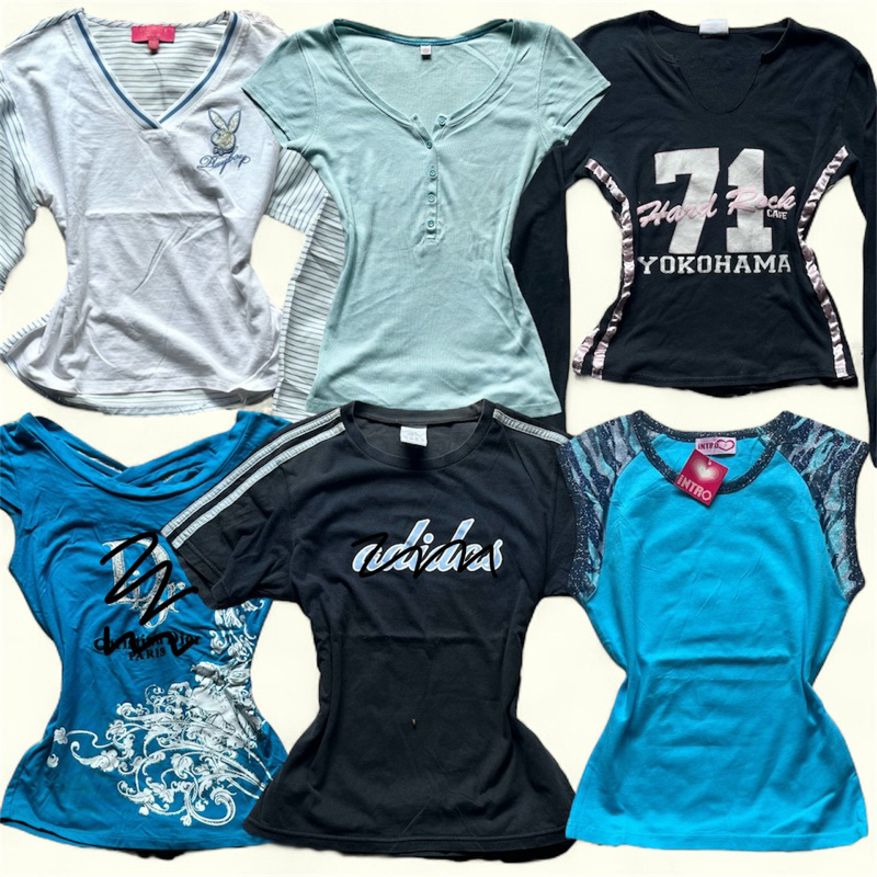 ┆ 🎀  ‹ Lot 1 02/05 › เสื้อเบบี้ที/รัดรูปมือสอง งานแบรนด์ y2k โทนฟ้า-น้ำเงิน ‧  ⟢  ິ   𓈒ֺּׅ‿◞