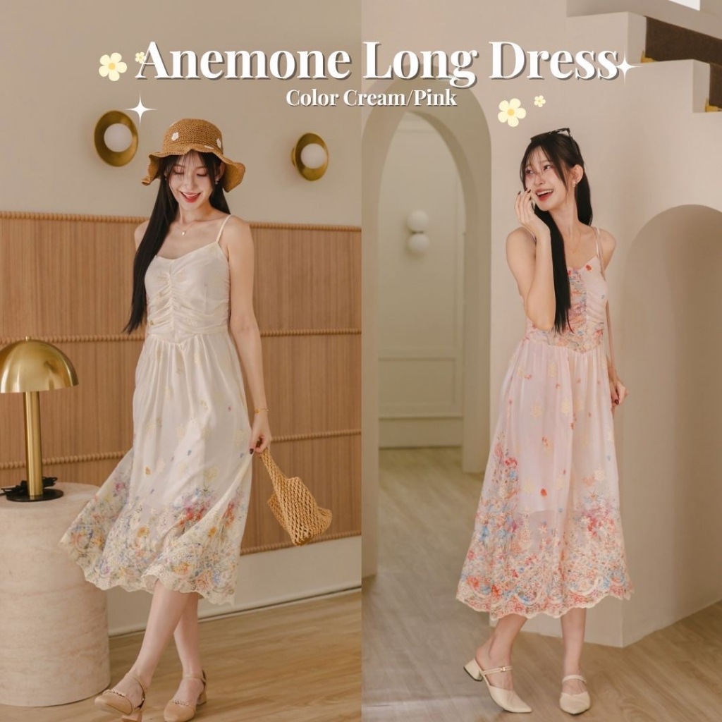 DR0510 LABELLE รุ่น Anemone Long Dress เดรสยาวสีครีม ชมพูน่ารักสุด