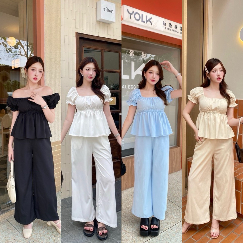 Teera❤️พร้อมส่ง✨2ชิ้น💥เสื้อ+กางเกง‼️งานชุด Set ผ้าครัชเสื้อปาดไหล่แขนตุ๊กตา พร้อมกางเกงมีซับใน มีกระเป๋าสองข้าง nanny