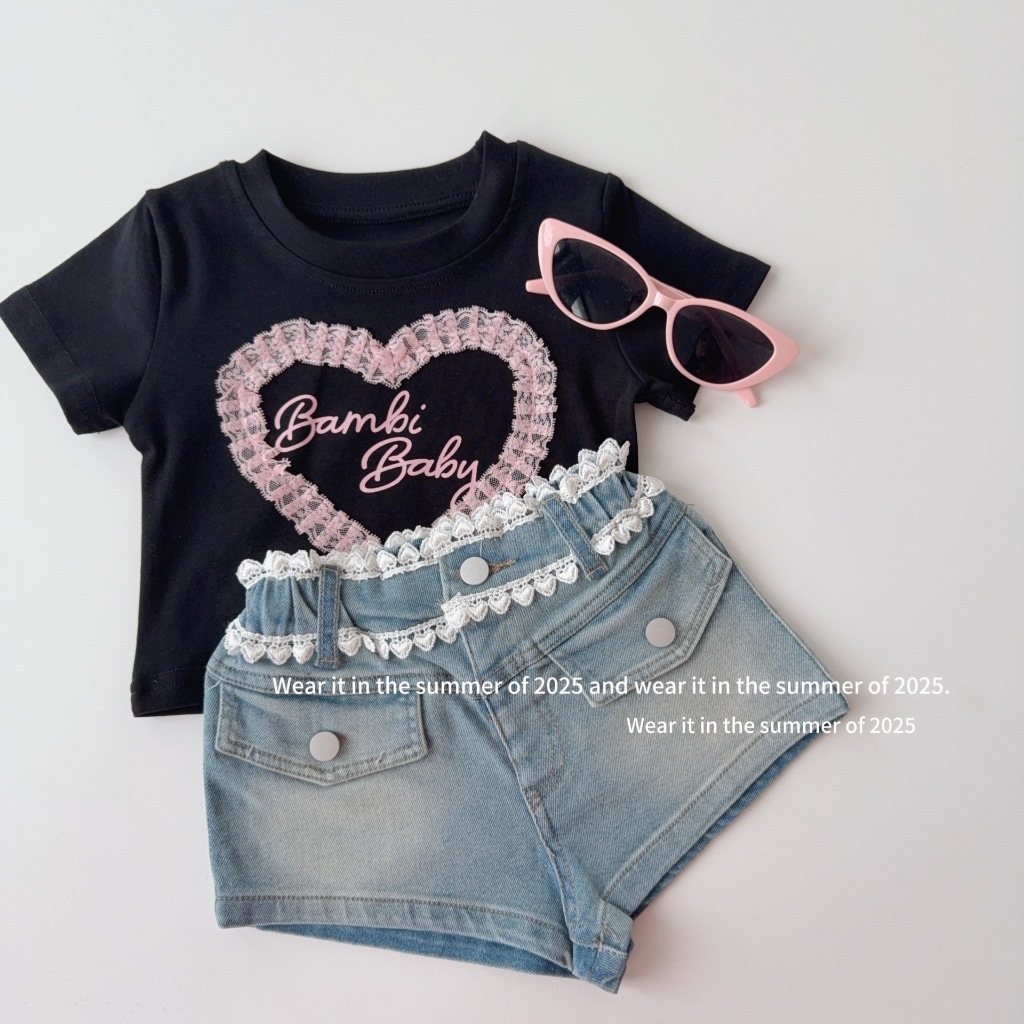 H77 เสื้อยืดสีดำหัวใจปักลูกไม้(เฉพาะเสื้อ)