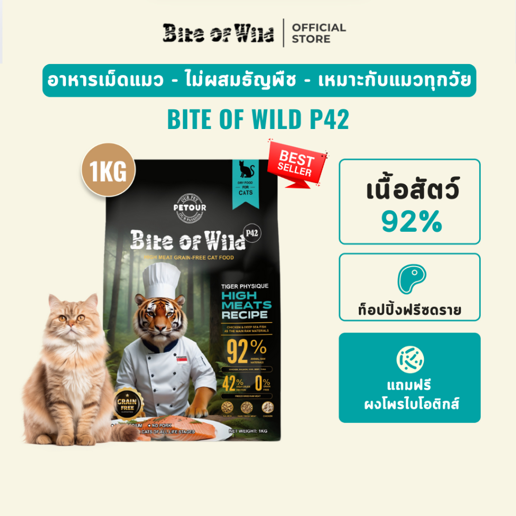 Bite of Wild อาหารแมวพรีเมียม 1 กก. ปราศจากธัญพืช ช่วยให้ขนเงางาม ย่อยง่าย สำหรับทุกวัย