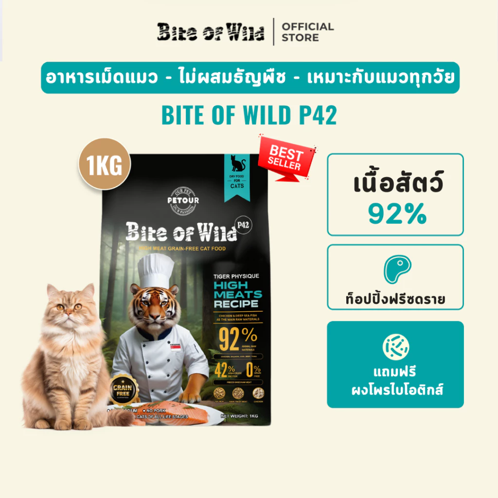 Bite of Wild อาหารแมวพรีเมียม 1 กก. ปราศจากธัญพืช ช่วยให้ขนเงางาม ย่อยง่าย สำหรับทุกวัย