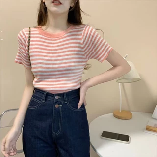 Cicishop (3488) เสื้อไหมพรมแขนสั้น ลายทางเล็ก คอกลม ดูดีทรงสวยเรียบร้อยสไตล์เกาหลี