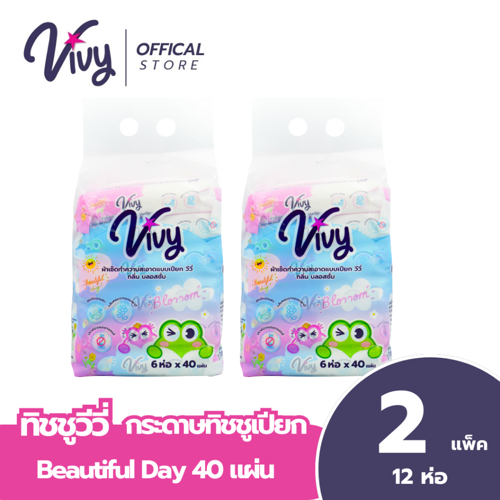 Vivy Wet wipes ทิชชูเปียกวีวี่ Beautiful Day 40 แผ่น : 2 แพ็ค (12 ห่อ)