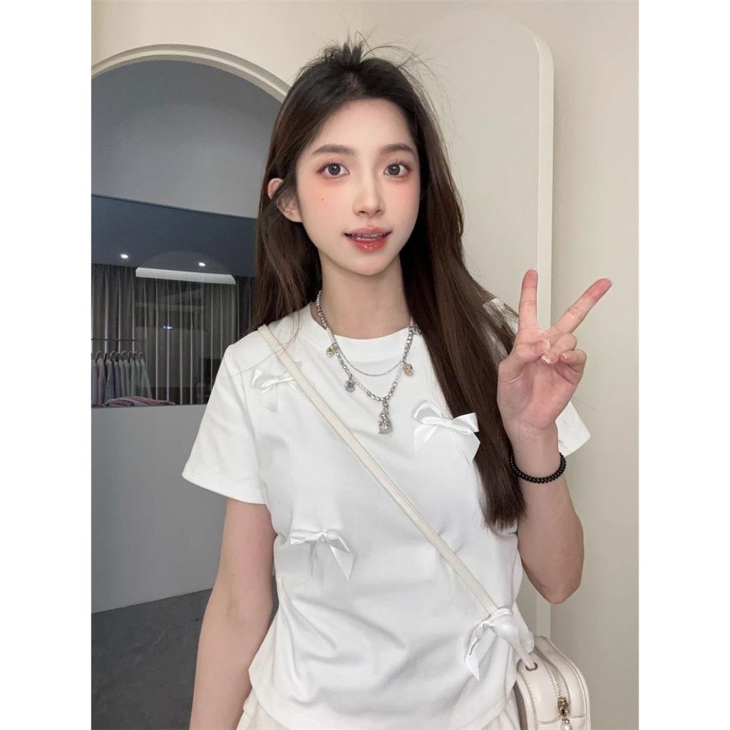 เสื้อยืดผู้หญิง แขนสั้นผูกโบว์ คอกลม ทรงเข้ารูป น่ารัก รูปที่ 3