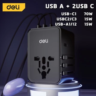 Deli หัวแปลงปลั๊กต่างประเทศ USB A+C ชาร์จเร็ว 75w อแดปเตอร์แปลงไฟ ปลั๊กแปลง Universal Travel Adapter