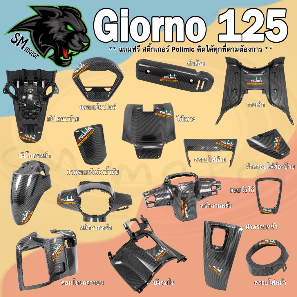 ชิ้นงานแต่งลายเคฟล่าสาน 5D สำหรับรถรุ่น GIORNO 125 (เปลือก ABS) พร้อมเคลือบเงา ฟรี!!! สติ๊กเกอร์ POLIMIC 1 ชิ้น