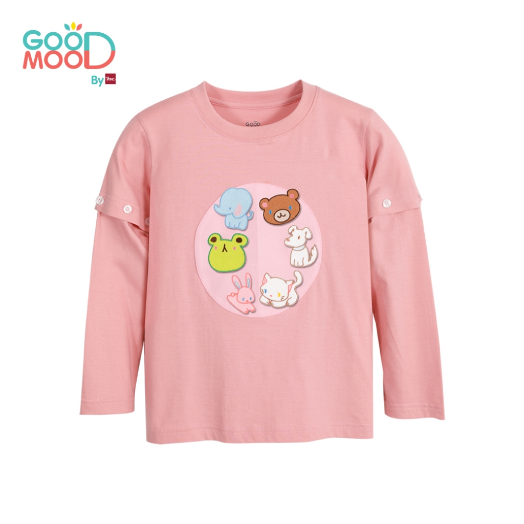 Good Mood by bsc เสื้อยืดคอกลมแขนยาวถอดแขน สีชมพู + PATCHES ลายสัตว์ 6 ชิ้น สำหรับเด็กอายุ 6-7 ปี ผ้าคอตตอน