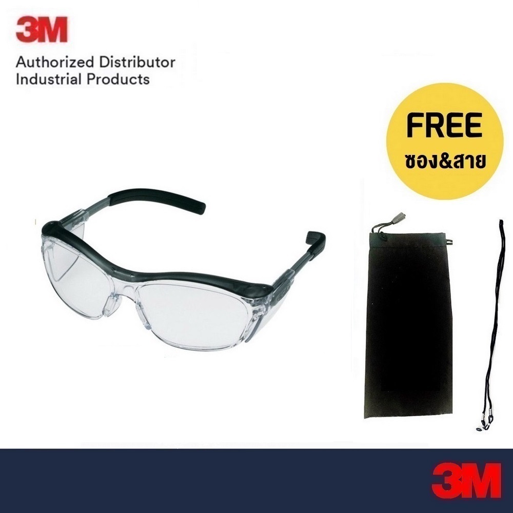 แว่นนิรภัย 3M รุ่น Nuvo เลนส์ใส 11411 11412 เลนส์โพลีคาร์โบเนต เพิ่มกรอบกันลม กันการเกิดฝ้า กรอบเทา