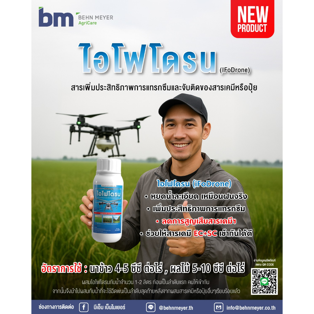 ไอโฟโดรน (iFoDrone) ขนาด 250 มิลลิลิตร สารเพิ่มประสิทธิภาพที่ออกแบบมา เฉพาะสำหรับการพ่นด้วยโดรน