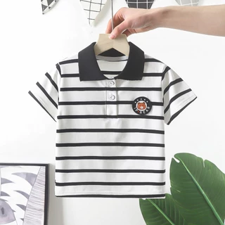 เสื้อสีดำลายเส้น เสื้อโปโลเด็กผู้ชาย ลายริ้ว ผ้าฝ้าย ใส่สบาย พร้อมส่งในไทย #22101