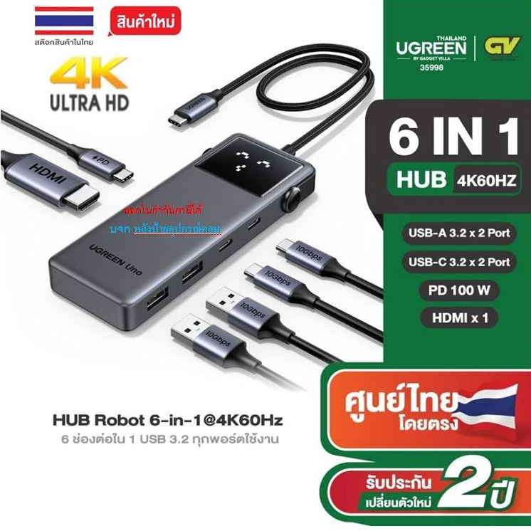 UGREEN Uno USB-C HUB Robot 6-in-1 รองรับ4K60Hz HDMI+1 USB-A3.2+2 USB-C3.2+2 PD+1 Hub รุ่น CM888 3599
