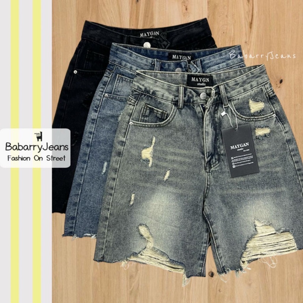 BabarryStyle กางเกงขาสั้น ยีนส์ขาด 3ส่วน เอวสูง ผ้าไม่ยืด สีฟอกเท่ห์มีสไตล์