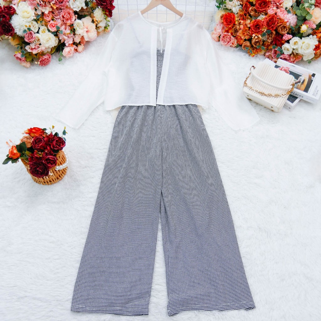 ชุดจั๊ม,ชุดเซ็ท2ชิ้น สีขาว-ดำ สายเดี่ยว ผ้าโพลีเอสเตอร์ ความยาวจั๊ม52 เสื้อคลุม20