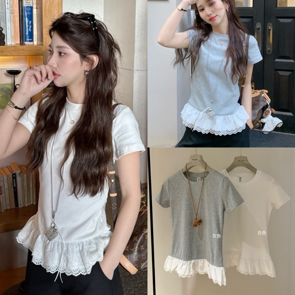 🧡🧵 🇰🇷 W5302 เสื้อยืดแขนสั้น เรียบๆ แต่งชายผ้าฉลุระบายผ้แฟชั่นเกาหลี TAG WG.WE 🧵🧡