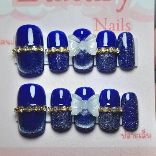 เล็บเจล แถมฟรีกาวตะไบ ซื้อครบ 3 ชุดแถมฟรีกาว 401 ทรงยาวกลางสีน้ำเงิน+ลูกแก้ว โบว์ขาว