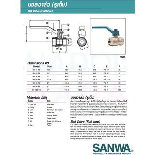 บอลวาล์ว ทองเหลืองชุบขาว Ball valve ซันวา บอลวาวล์ SANWA ขนาด 1/2" (4หุน) 3/4" (6หุน) 1" (1นิ้ว)