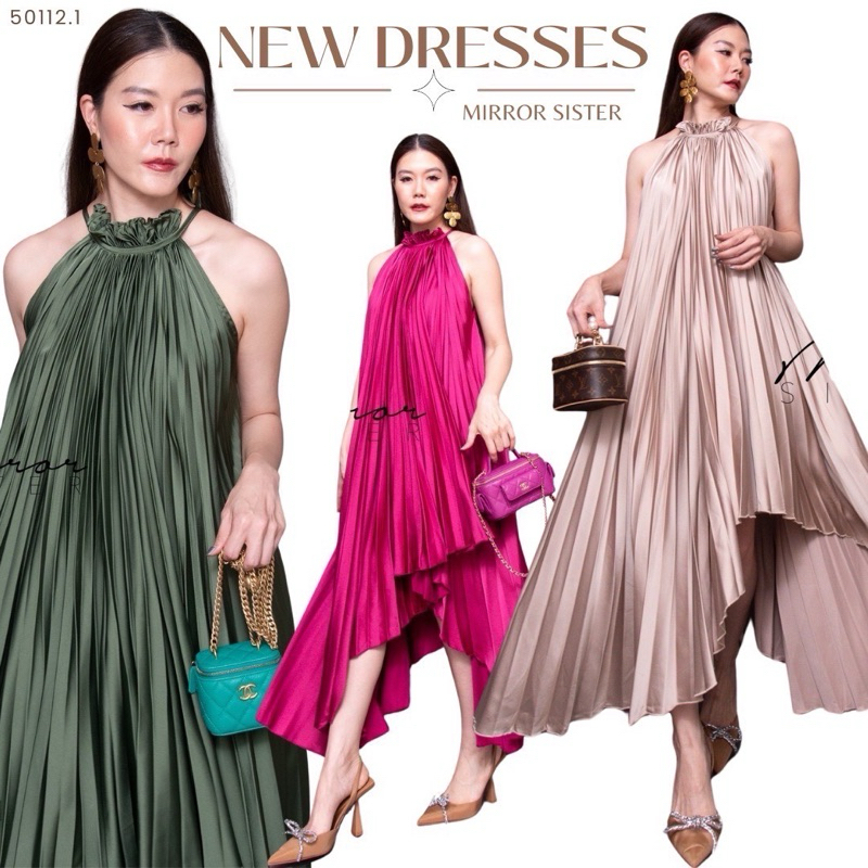 Mirrorsister 50112.1 เดรสผ้าซาตินPremiumแขนกุดอัดพลีททรงสวย