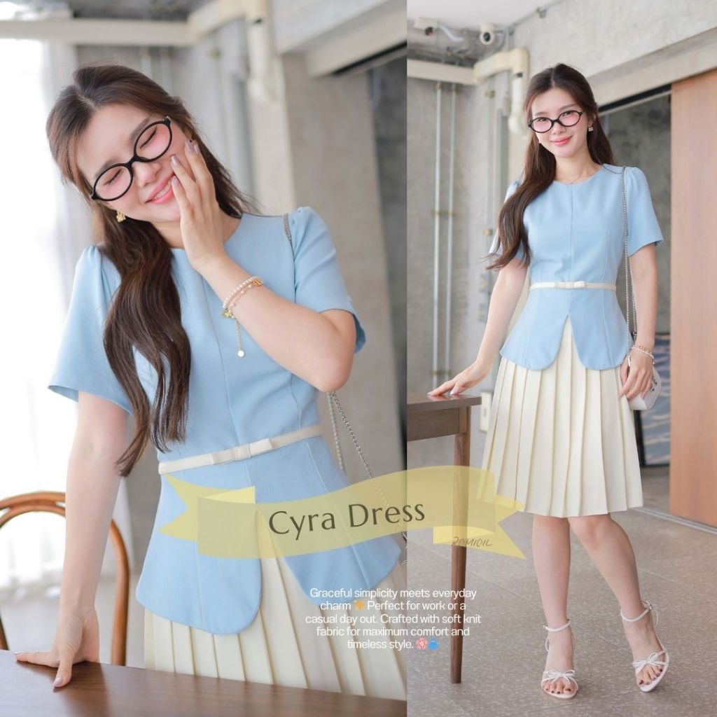 "Romi"Oil" Cyra Dress K168 (Blue) ชุดเดรสสีฟ้า (ชุดเดรสกระโปรงพลีท)