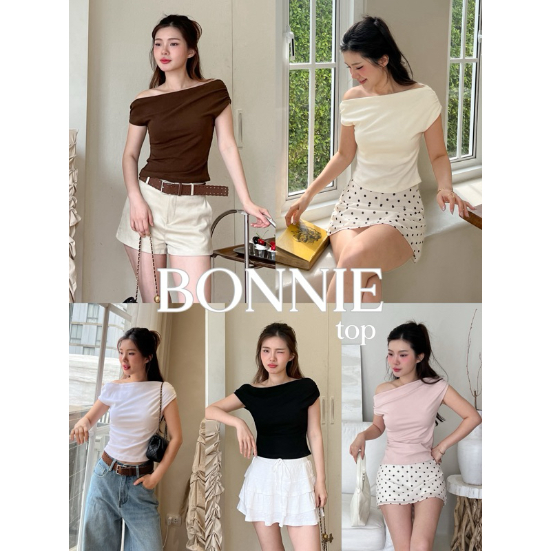 SHOP.POPO-Bonnie top เสื้อปาดไหล่เย็บย่นช่วงแขน