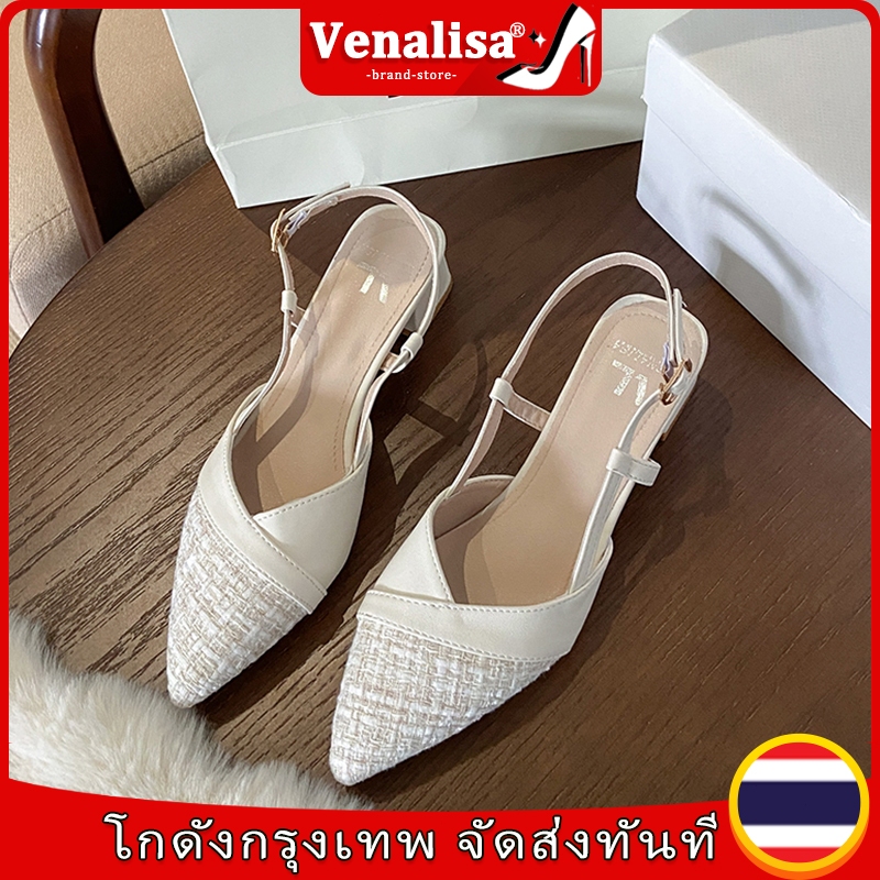 Venalisa รองเท้าแตะส้นสูงผู้หญิง หนังแท้ เกาหลีใต้ แฟชั่น แหลม ส้นหนา 2 นิ้ว เหมาะสำหรับงานออฟฟิศ