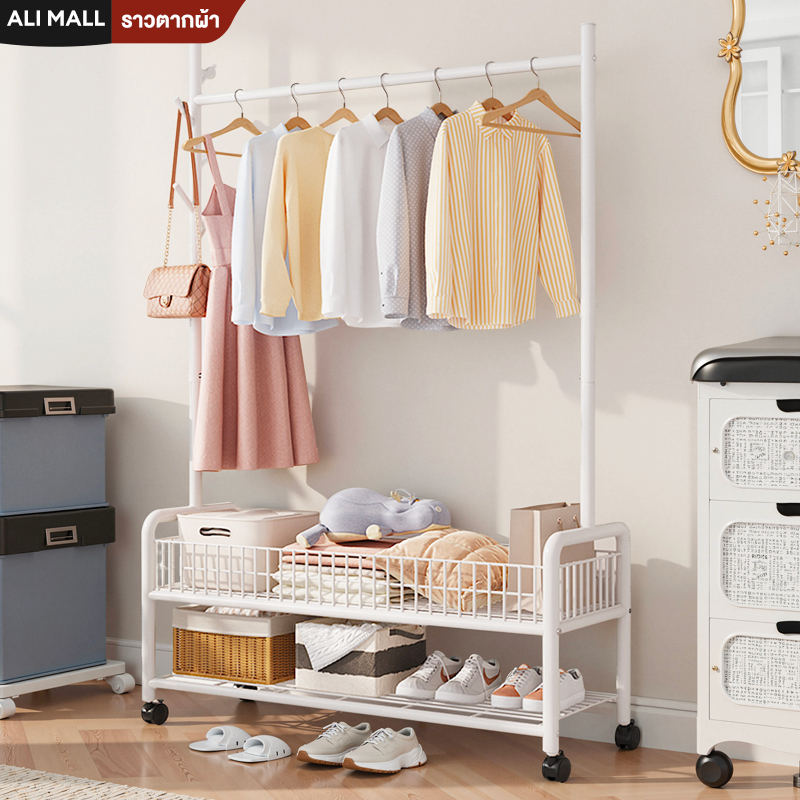 ราวแขวนเสื้อผ้า ราวตากผ้า ราวแขวนผ้า มีตะขอ พร้อมเสาแขวนกระเป๋า มีล้อเลื่อน โครงเหล็กเเข็งเเรง ง่ายต่อการเคลื่อนย้าย