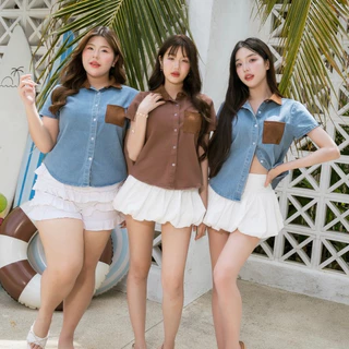 JARINYA (M-2XL) เสื้อเชิ้ตยีนส์แขนสั้น แต่งกระเป๋างานปัก JARINYA ผ้ายีนส์แท้ เนื้อดีไม่บาง ทรงสวยเข้ารูป