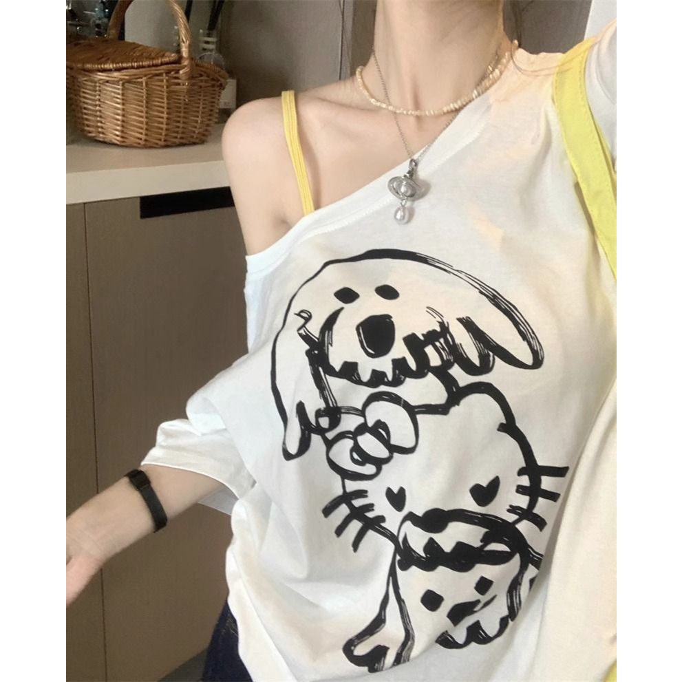 เปิดไหล่ เสื้อยืดสวยๆผู้หญิงแฟชั่นมาใหม่ oversize เสื้อผ้าสาวอวบคนอ้วนวัยรุ่นน่ารัก แบบหลวม เสื้อยืดผู้หญิงสไตล์สาวแซ่บ