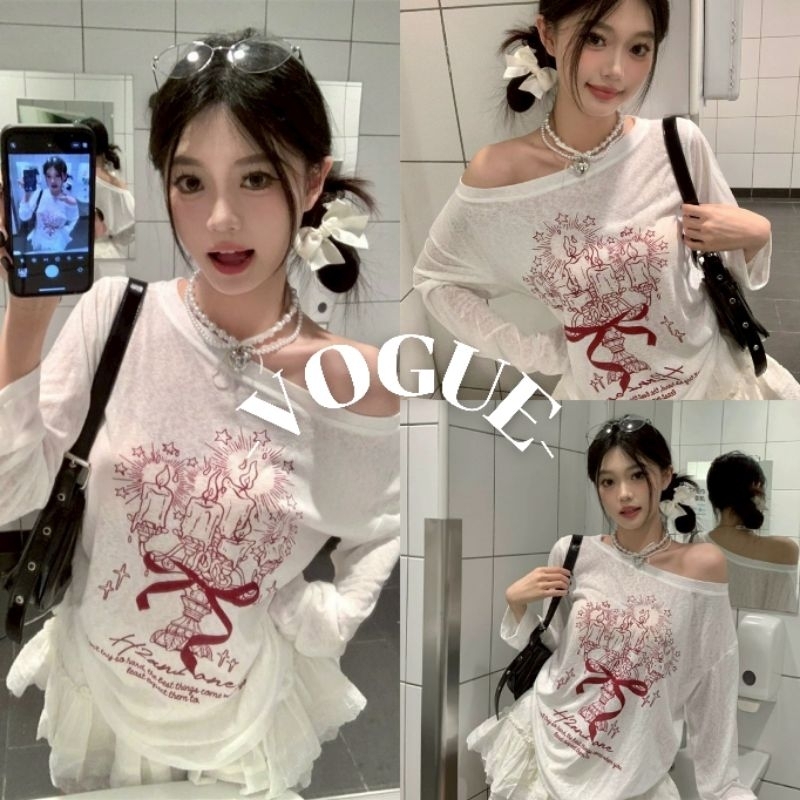 Vogue🌟พร้อมส่ง🌟 เสื้อคอกลม แขนยาว ลายโบว์สีแดง ยืดพอดีตัว (FY2081#1)