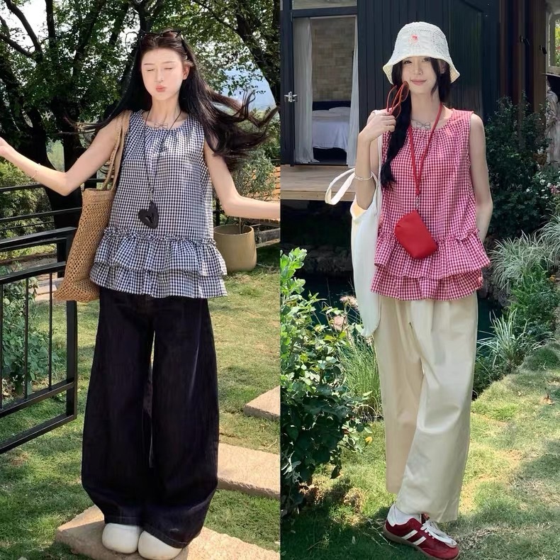 🌻MKL🌻 เสื้อเชิ๊ตลายสก๊อต แขนกุด แฟชั่นฤดูร้อน สำหรับผู้หญิง ทรงหลวมใส่สบาย มี2สีให้เลือก #3021