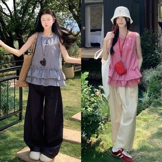 🌻MKL🌻 เสื้อเชิ๊ตลายสก๊อต แขนกุด แฟชั่นฤดูร้อน สำหรับผู้หญิง ทรงหลวมใส่สบาย มี2สีให้เลือก #3021