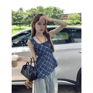 เสื้อแขนกุด คอเหลี่ยม สีกรมลายสก็อต ทรงเอ สไตล์ Retro เว้าหลัง สม็อคยางยืด พรางหุ่น เสื้อครอป #8945