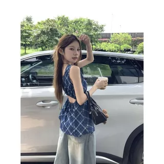 เสื้อแขนกุด คอเหลี่ยม สีกรมลายสก็อต ทรงเอ สไตล์ Retro เว้าหลัง สม็อคยางยืด พรางหุ่น เสื้อครอป #8945