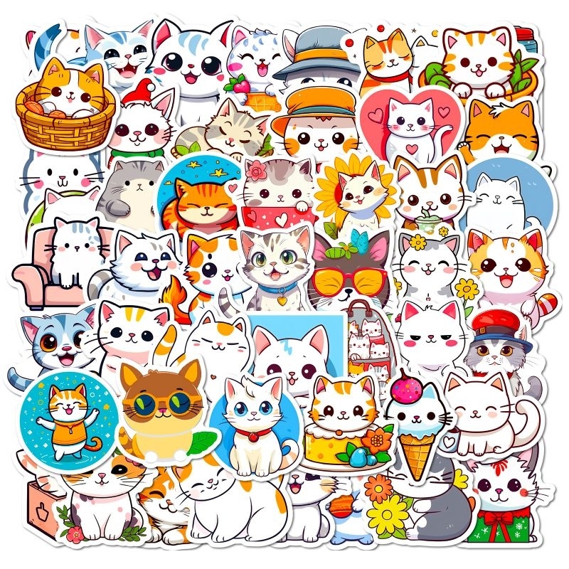 [พร้อมส่ง] 🐈 สติกเกอร์ลายน้องแมวน่ารักๆ จำนวน 50 ชิ้น ไม่ซ้ำลาย