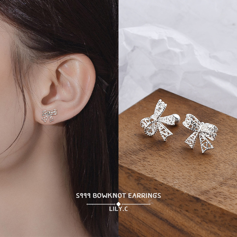 ✅พร้อมส่ง🔥 LILY.C ต่างหูจิวเงิน S999  รูปโบว์ แบบเกลียวหมุน 1 คู่ หรูหรา สวยงาม S999 Bowknot earring