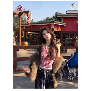 STR💗พร้อมส่ง💗เสื้อคล้องคอ เสื้อครอปลายสก๊อตแต่งลูกไม้ ผูกโบว์ใหญ่ด้านหลังสม็อคหลังแหวกหน้า น่ารักแซ่บๆ สไตล์เกาหลีY2K