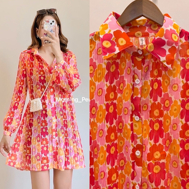 มินิเดรสอัดพลีท เดรสสั้น ผ้าชีฟอง ลายดอกไม้ ลายกราฟฟิก เกาหลีสุดๆ สาวอวบใส่ได้ - รูปที่ 5