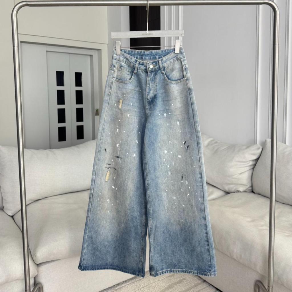 PTJ30219 Carpenter Paint PROMTHONG กางเกงยีนส์ขากระบอกใหญ่ฟอกแต่งดีเทลเพ้นท์สี