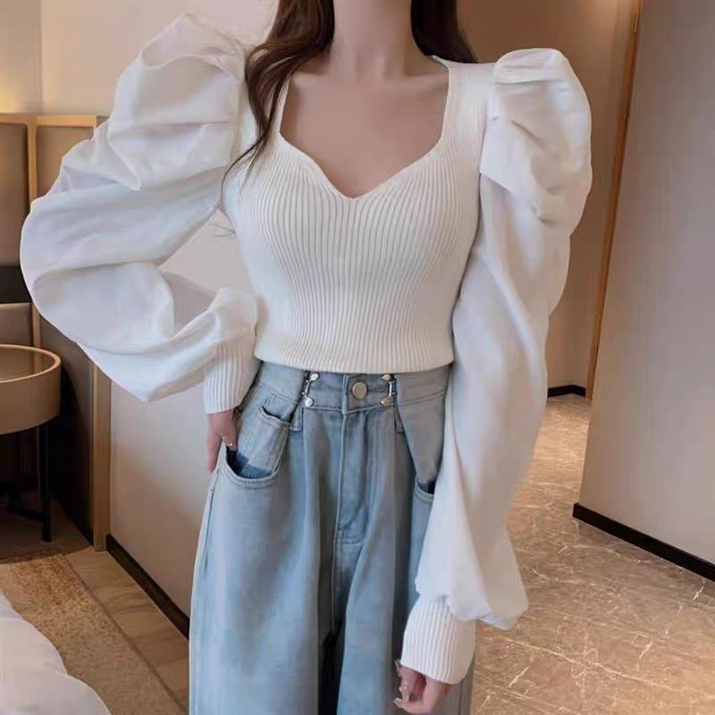 diary(5786)เสื้อเชิ้ตเสื้อยืดคอวี แขนยาว แขนตุ๊กตา รัดรูป รูปที่ 8