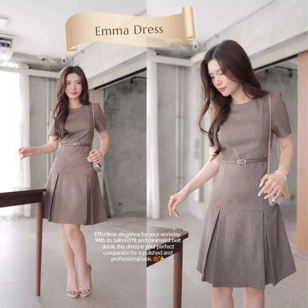 "Romi"Oil" Emma Dress (Brown) J523 ชุดเดรสสีน้ำตาล (ลายตารางมีเข็มขัด) รุ่นนี้แนะนำตรวจสอบSizeและเผื่อ1Size*