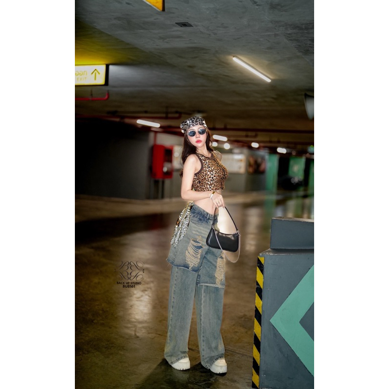 8161 กางเกงยีนส์ทรงกระบอก ตัดแต่งผ้ายีนส์2ชั้นแต่งขาดๆเซอร์ๆ เท่ๆ - รูปที่ 3