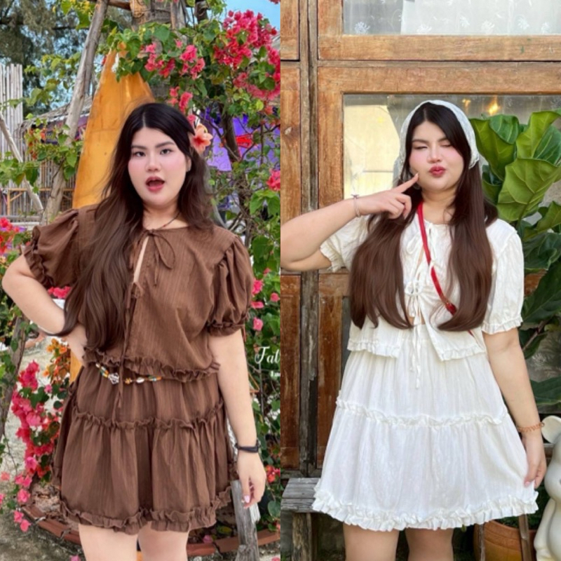 FB ชุดเซ็ต เสื้อแขนสั้นดีเทลผูกโบว์ หวานมากๆ แมชคู่กับกระโปรงระบายชั้น ไซส์ใหญ่ สาวอวบ