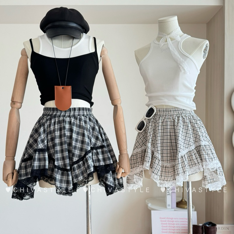 -𝐂𝐡𝐢𝐯𝐚- Misty plaid skirt | กระโปรงสั้นเลเยอร์ลายตาราง