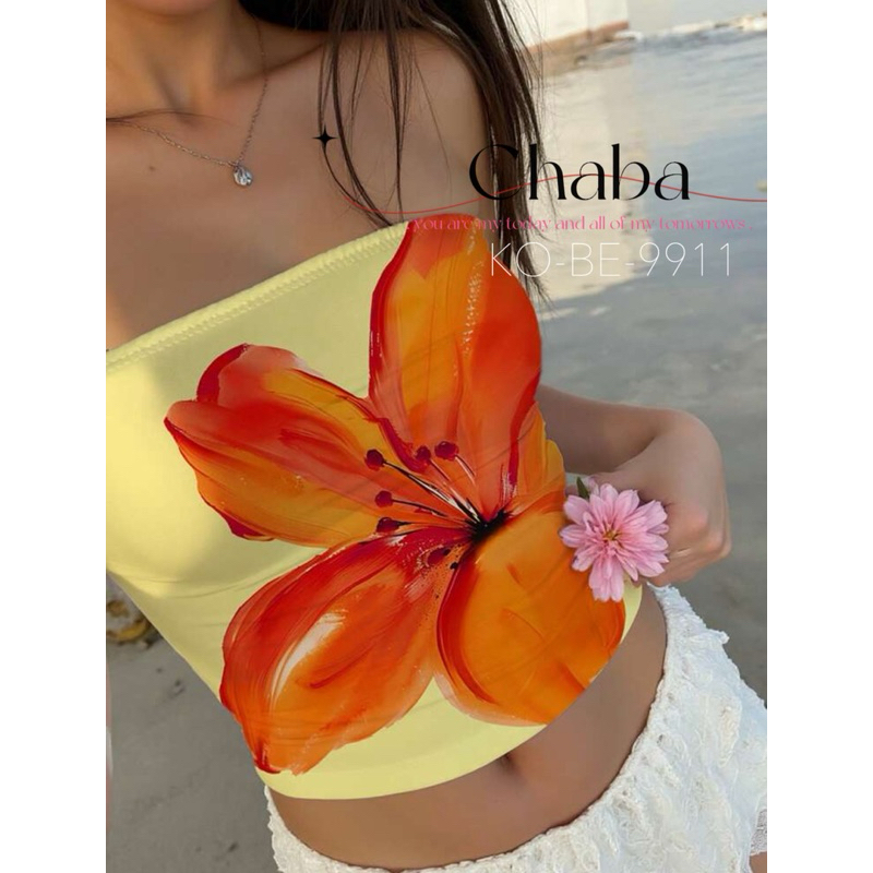 Chaba 🌺 เกาะอกลายดอกชบาสีส้ม ผ้าพื้นเหลืองครีม 🌺 พร้อมส่งจากไทย 🇹🇭