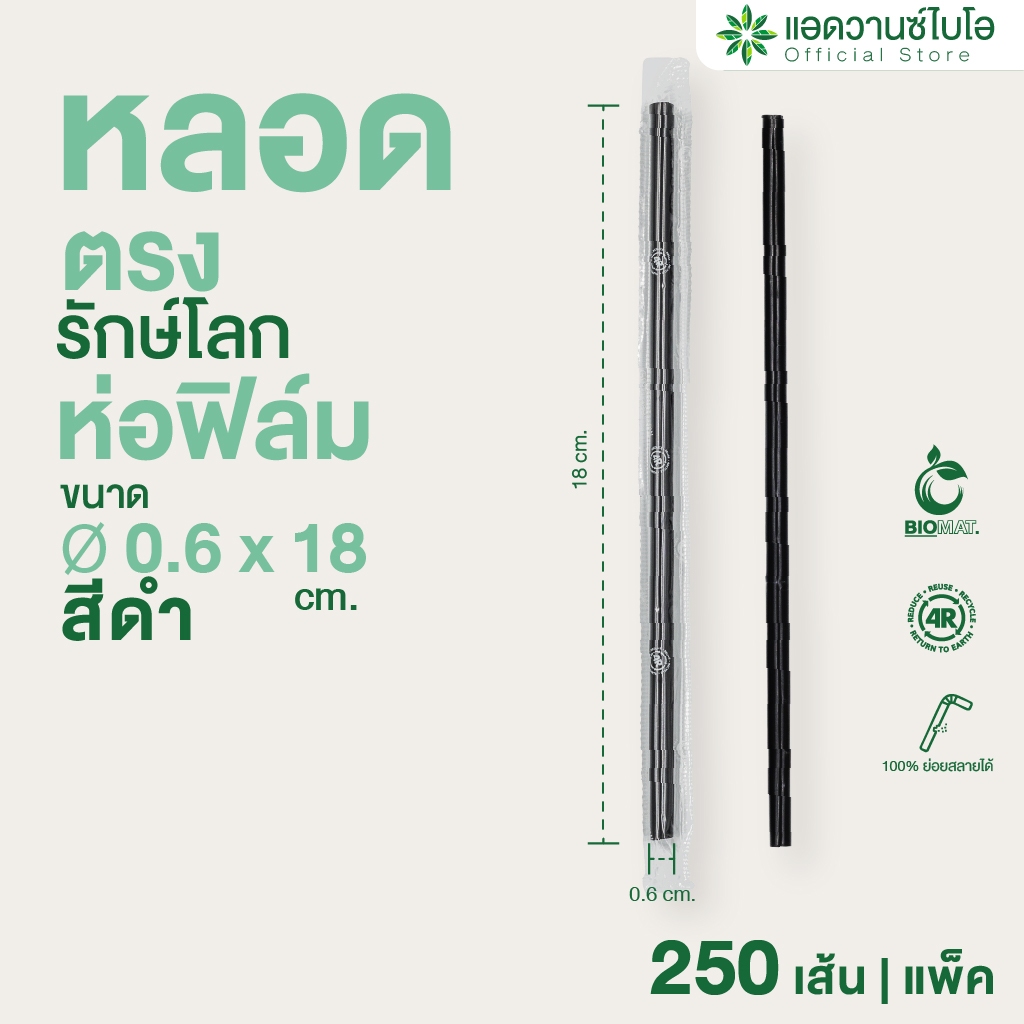 AdvanceBIO : หลอดพลาสติกย่อยสลาย ห่อฟิล์ม สีดำ-ตรง ขนาด Ø 6 มม. x ยาว 18 ซม. บรรจุ 250 ชิ้น/แพ็ค รุ่น 3018
