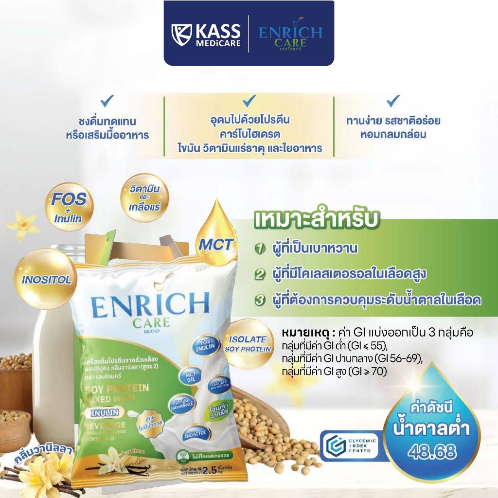 Enrich Care เอนริช แคร์ เครื่องดื่มสูตรสารอาหารครบถ้วน สูตรไม่มีน้ำตาลทราย สำหรับผู้ป่วยเบาหวาน ผสมอินนูลิน ขนาด 2.5 Kg.