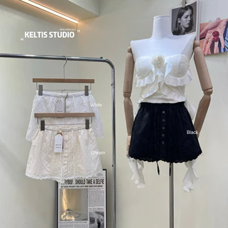 Gradum.#2382(K)กระโปรงลูกไม้เอวสม็อค “Lacy Belle Skirt” มี 3 สีให้เลือก: ขาว | ครีม | ดำ