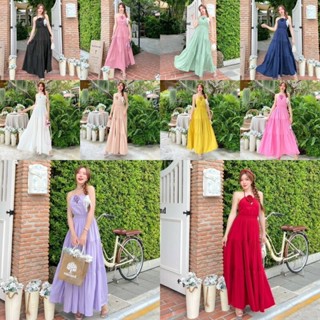 TT21141 เดรสยาว สายเดี่ยว อกปักดอกไม้ เว้าอก กระโปรงชั้นๆ